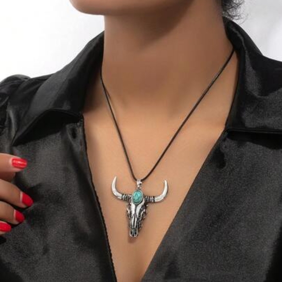 Silver and Turquoise Bull Skull Pendant Necklace - Picture 1 of 3
